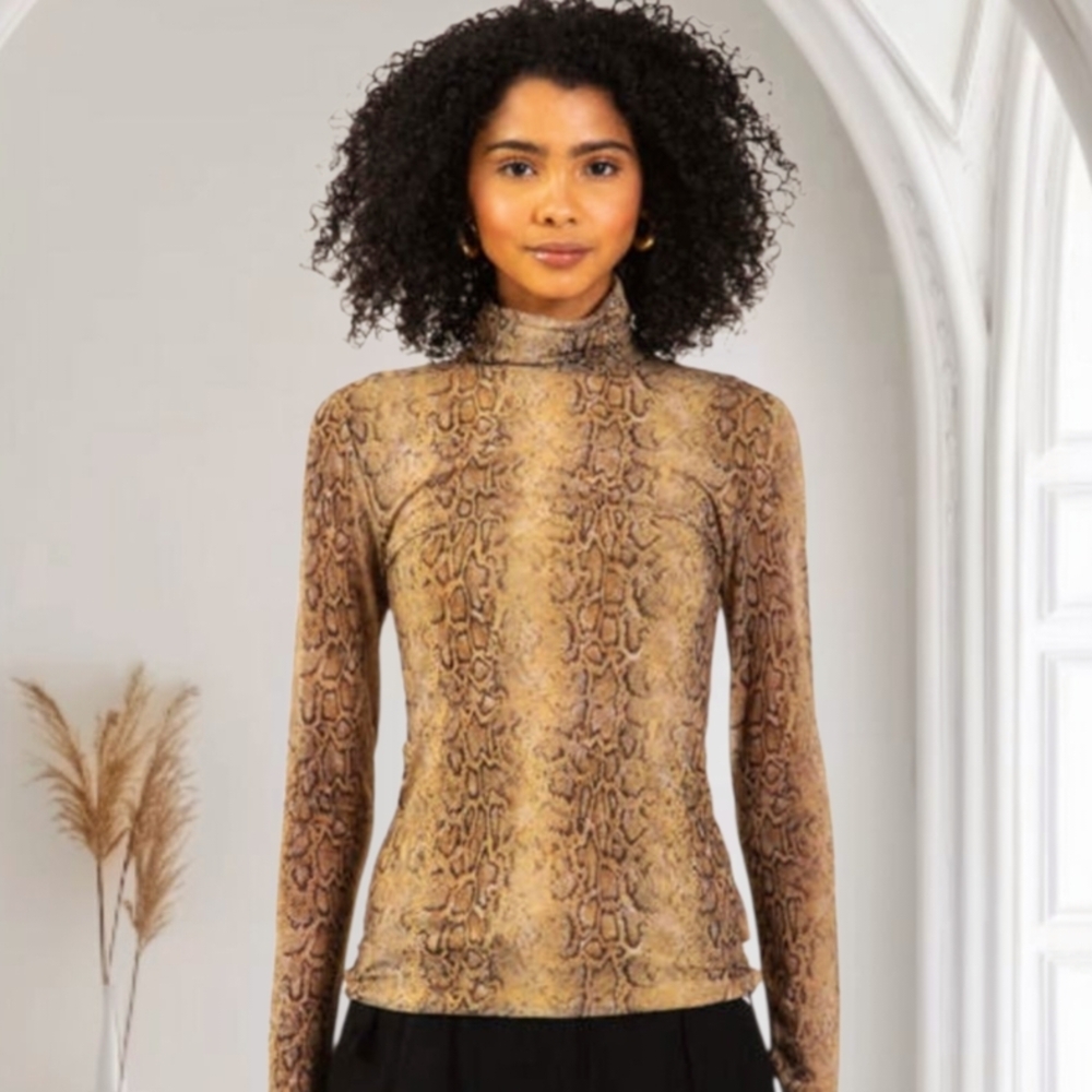 GANNI Womens Size 38 Snake Print Turtleneck Mesh Top Brown  Long Sleeve NWT